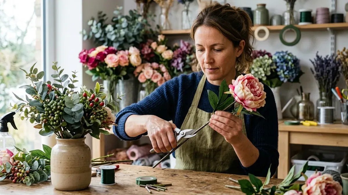 Personne coupant une tige de fleur artificielle