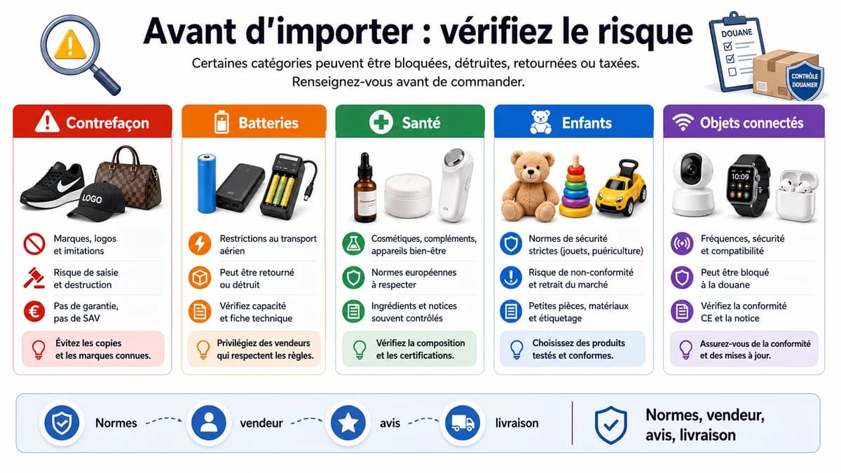 Infographie des catégories à vérifier avant importation comme contrefaçon, batteries, santé et enfants