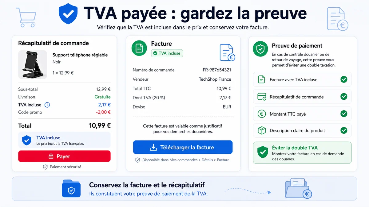 Illustration de TVA incluse, facture et preuve de paiement pour éviter la double TVA