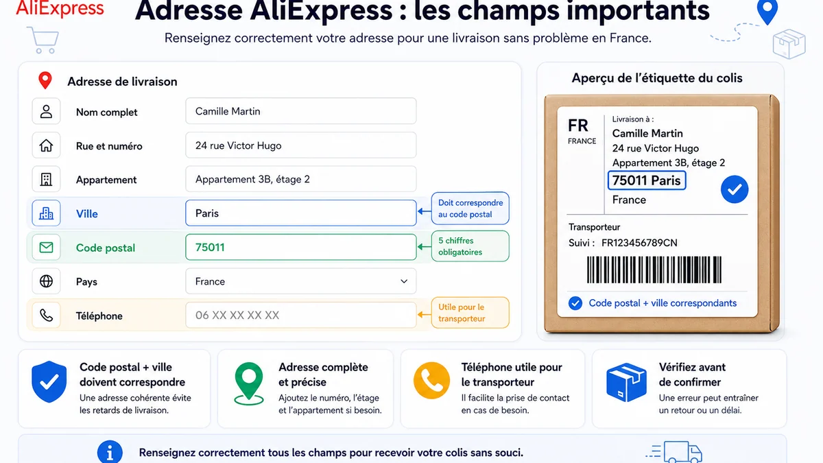 Illustration d’un formulaire AliExpress avec nom, rue, ville, code postal, pays et téléphone