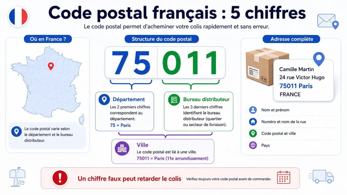Infographie expliquant la structure du code postal français à cinq chiffres