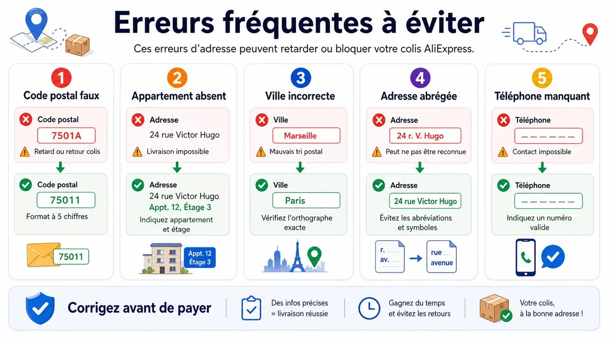 Infographie des erreurs fréquentes de code postal, appartement, ville, adresse abrégée et téléphone