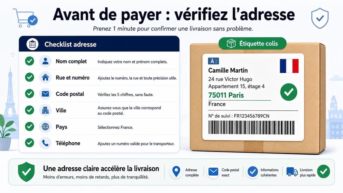 Checklist finale avant paiement pour vérifier nom, rue, code postal, ville, pays et téléphone