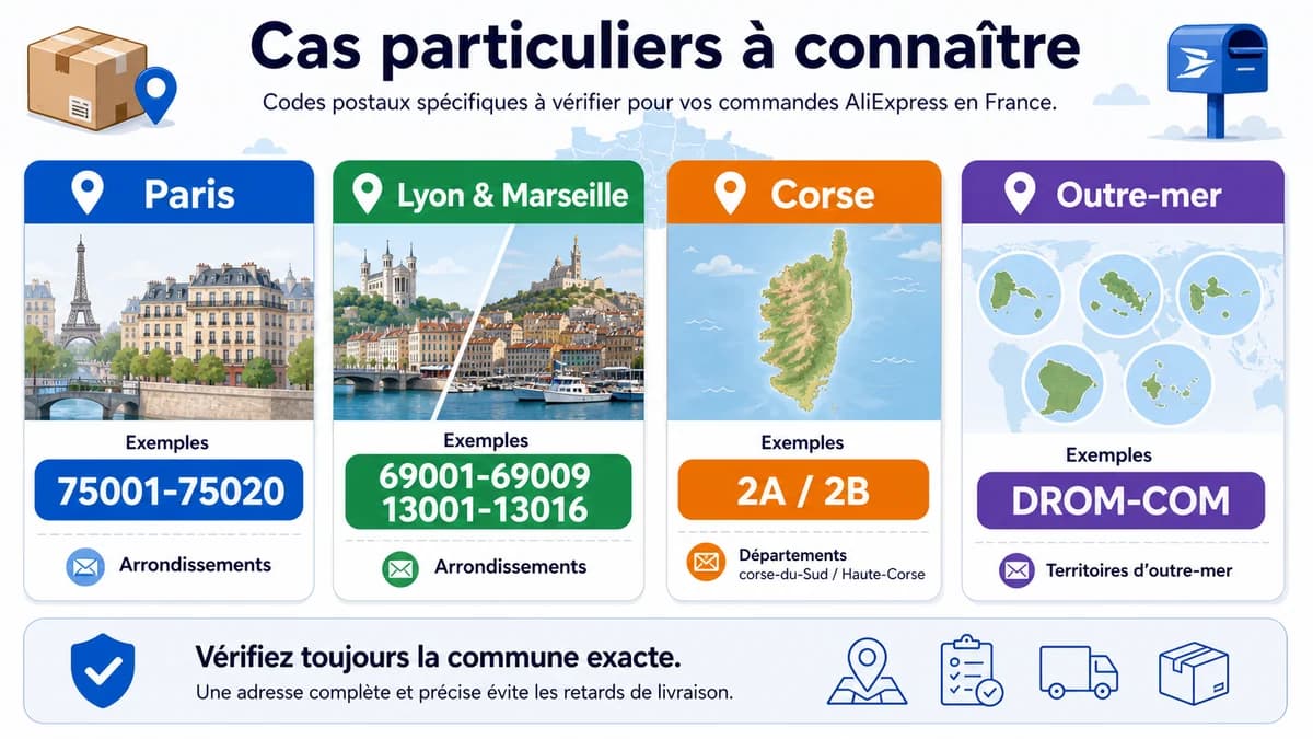 Infographie des cas particuliers de codes postaux à Paris, Lyon, Marseille, Corse et Outre-mer