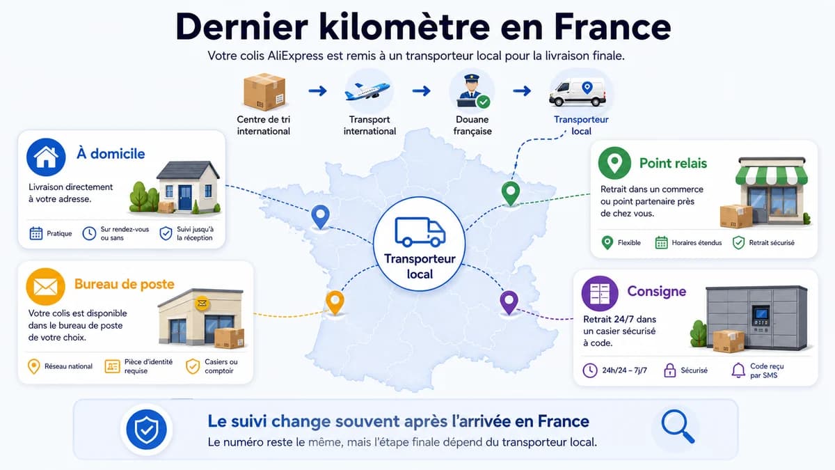 Infographie du dernier kilomètre en France avec domicile, point relais, bureau de poste et consigne