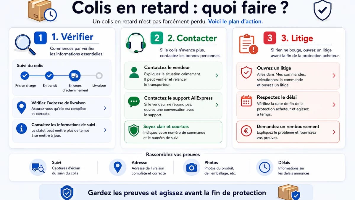Plan d’action pour un colis AliExpress en retard avec vérifier, contacter et ouvrir un litige