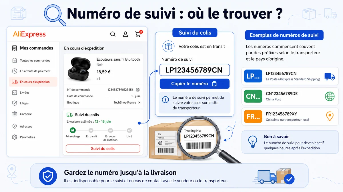 Illustration indiquant où trouver le numéro de suivi AliExpress dans mes commandes