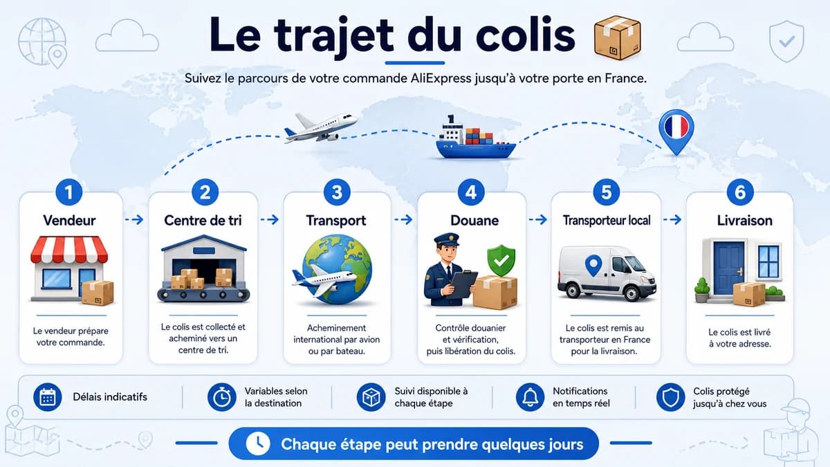 Infographie du trajet d’un colis AliExpress vers la France du vendeur à la livraison