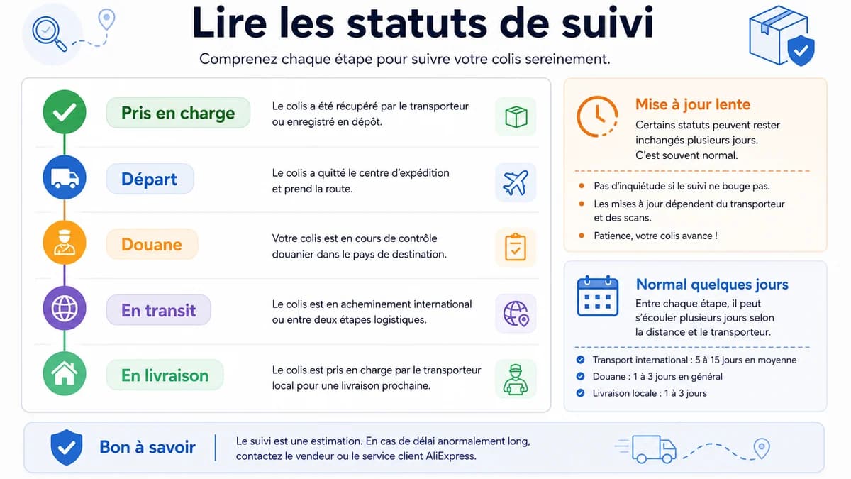 Infographie des statuts de suivi comme pris en charge, départ, douane et en livraison
