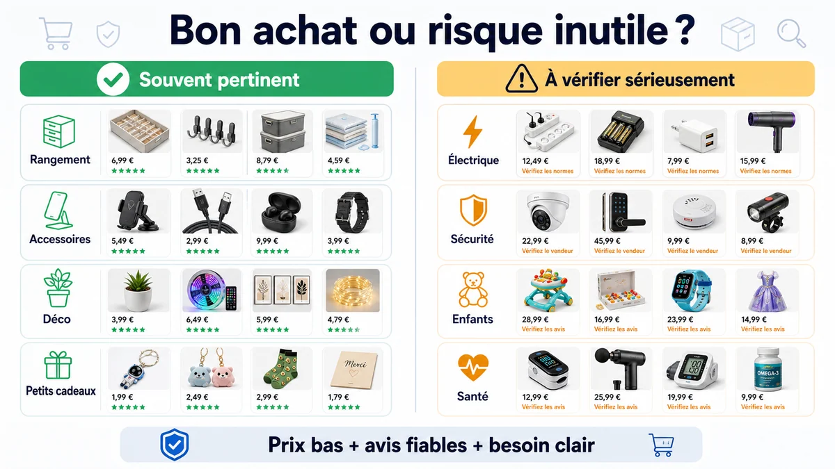 Infographie des catégories souvent pertinentes et des catégories à vérifier sérieusement avant achat