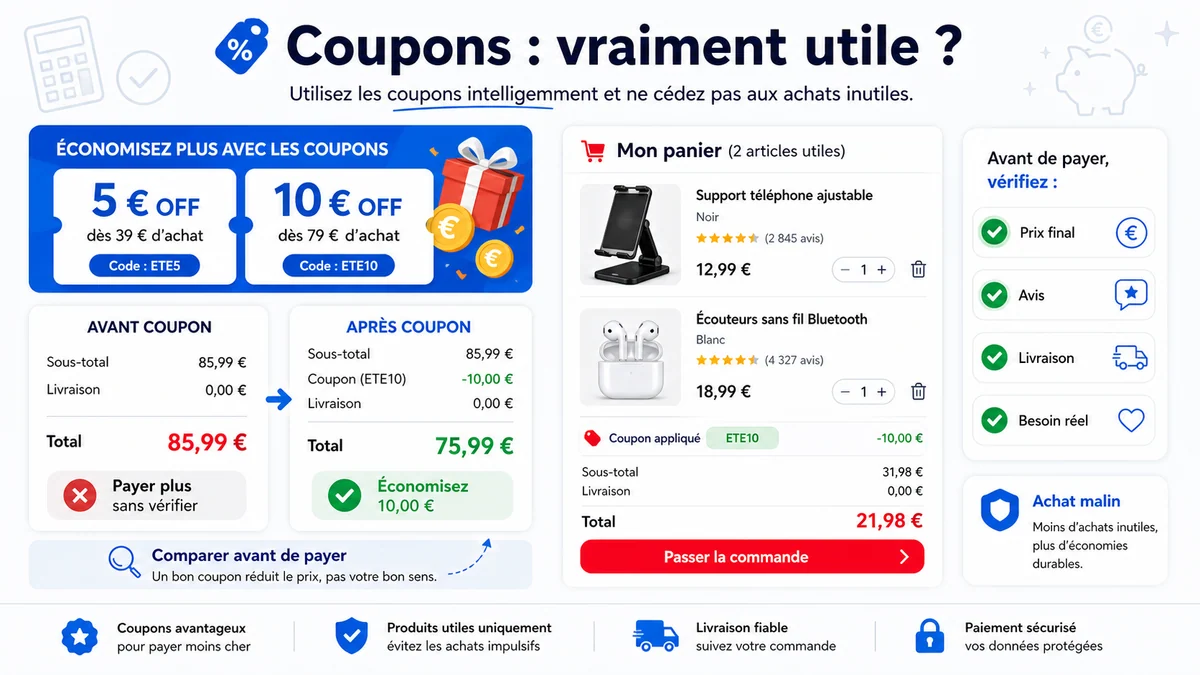 Illustration de coupons AliExpress avec panier, prix final, avis, livraison et besoin réel à vérifier