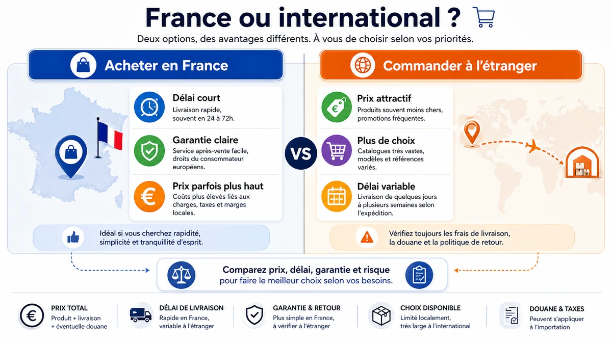 Infographie comparant acheter en France et commander à l'étranger selon prix, délai, garantie et risque