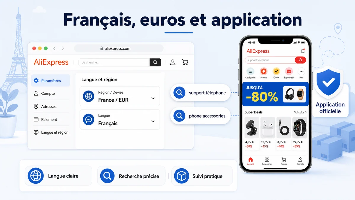 Illustration des réglages AliExpress en français, en euros et de l'application officielle