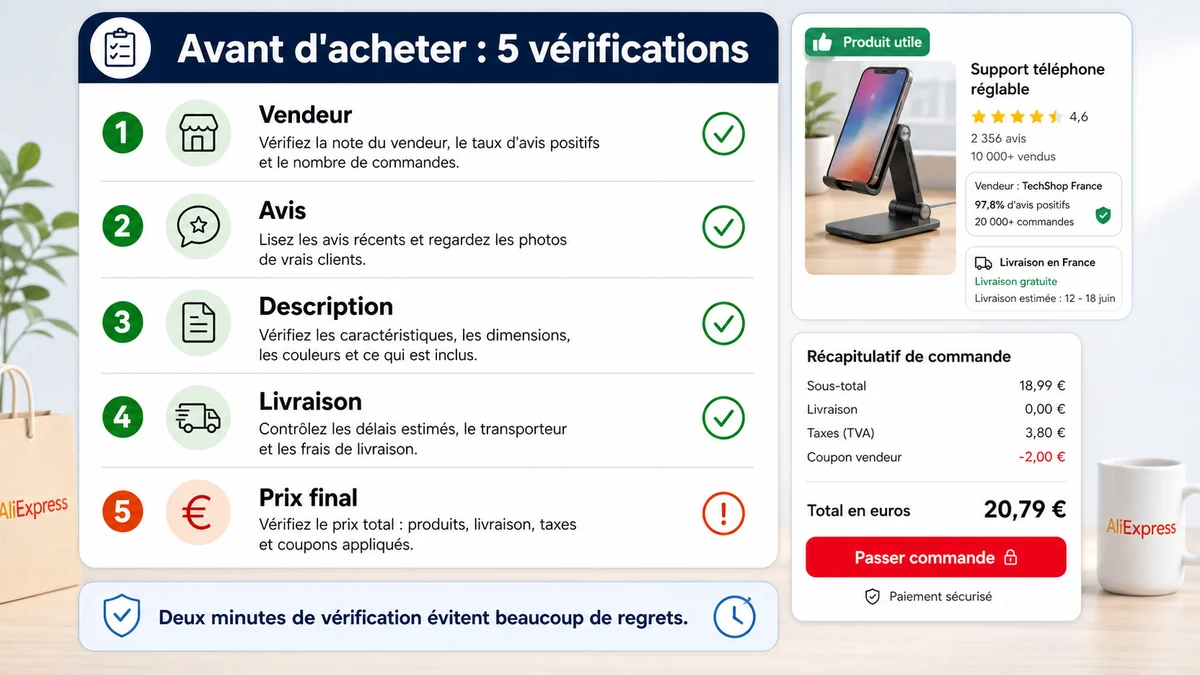 Checklist avant achat sur AliExpress avec vendeur, avis, description, livraison et prix final