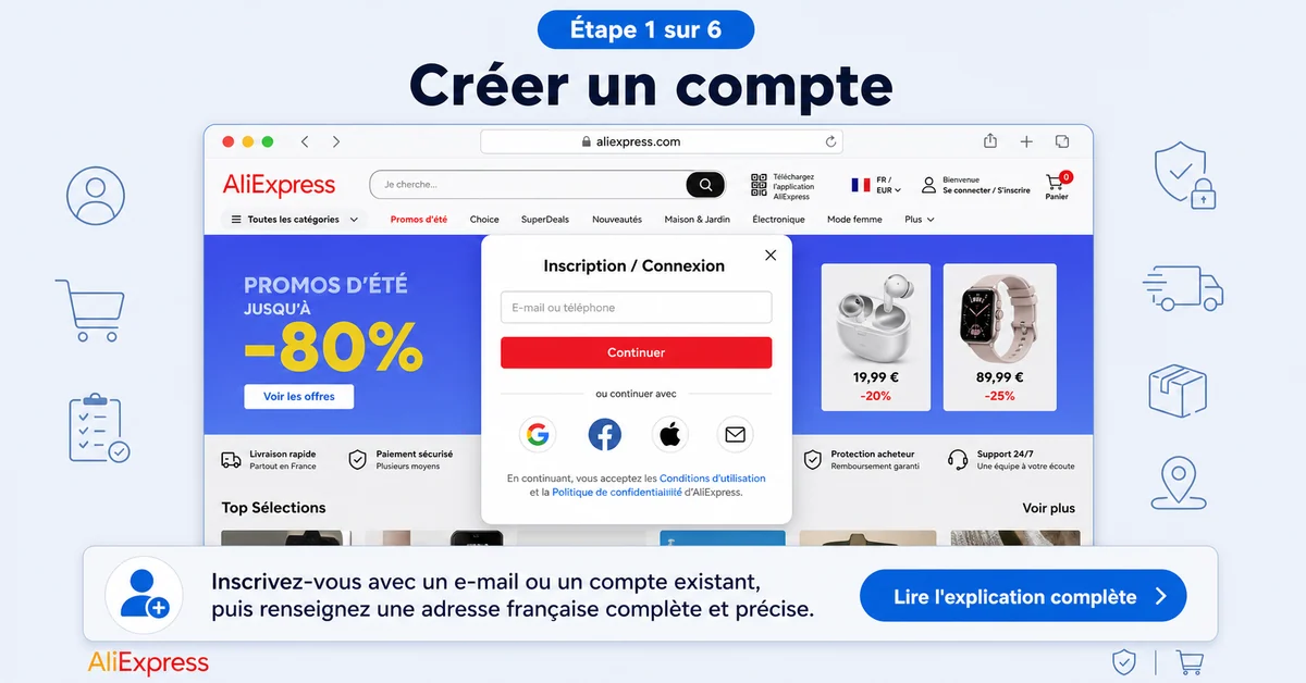 Écran d'inscription et de création de compte sur AliExpress